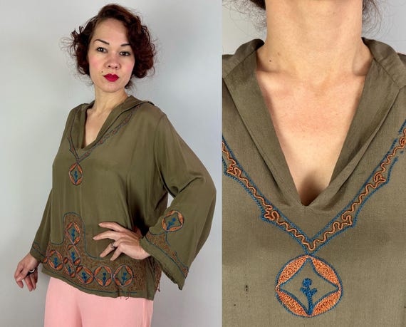 1920s Nubile Nouveau Blouse | Vintage Antique 20s Olive Taupe Silk Shirt Top with Orange and Blue Soutache and Embroidery | Extra Large XL