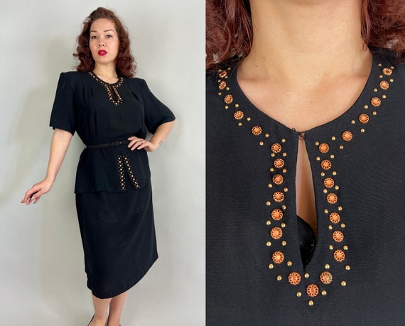 1940s Scintillating Studded Dress | Vintage 40s Black Rayon Cocktail Dress w/Gold Studs and Copper Daisies and Split Peplum | Extra Large XL
