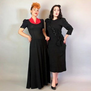 1940s Color Block Cutie Gown Vintage 40s Two Tone Tomato Red and Black Evening Dress with Notched Lapels and Sequin Trim Small image 9