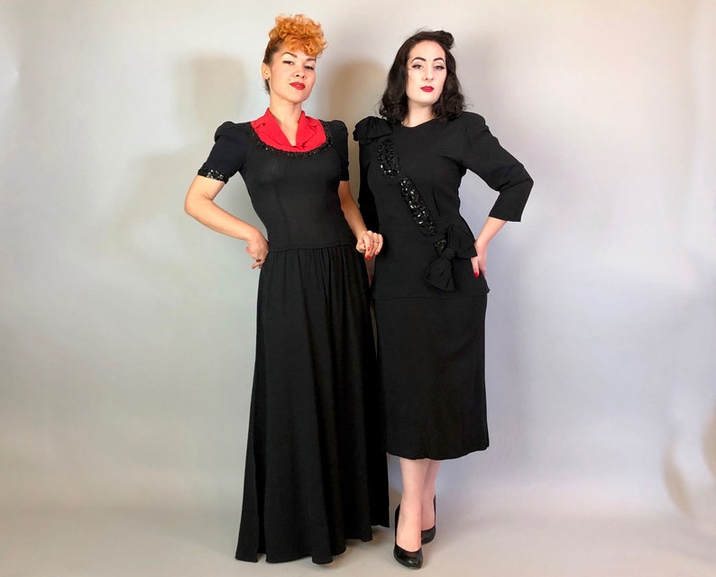 1940s Color Block Cutie Gown Vintage 40s Two Tone Tomato Red and Black Evening Dress with Notched Lapels and Sequin Trim Small image 9