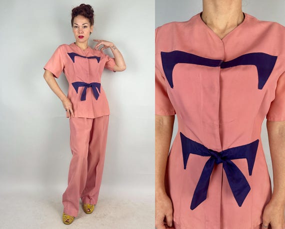 1940s Playful in Pink Ensemble | Vintage 40s Rayon Celanese Color Block Blouse and Side Zip Trousers Pants Set in Rose and Purple | Medium