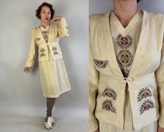 1930s Lawn Party Liaison Set | Vintage 30s Ivory Wool Puff Sleeve Dress & Jacket w/Red Pink Yellow Green Cross Stitch Embroidery | Small