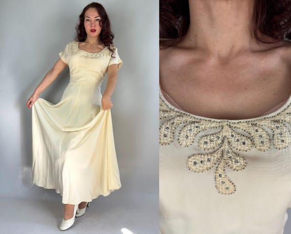 1930s Gala Goddess Gown | Vintage 30s Cream White Rayon Crepe Formal Dress with Rhinestone & Beaded Appliqué Neckline | Large