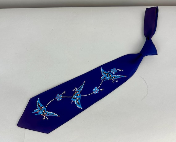 1940s Flight of the Butterfly Necktie | Vintage 40s Royal Blue Silk Hand Painted White Red and Ocean Butterfly and Flower Vines Self Tie