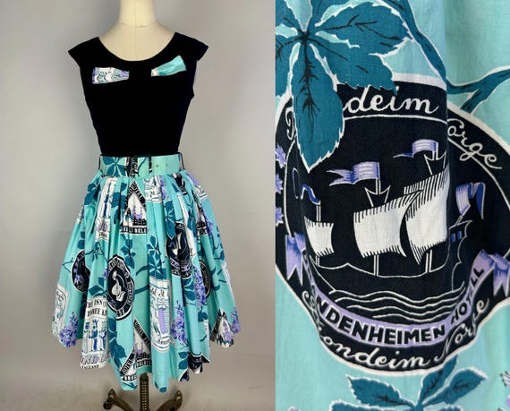 1950s Cruising Countries Dress | Vintage 50s Black and Blue Cotton European Vacation Novelty Block Print Frock w/Wide Belt | Extra Small XS
