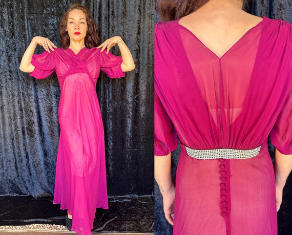 1930s Fabulous Fuchsia Gown | Vintage 30s Sheer Rayon Chiffon Bias Cut Dress with Smocking Slits & Rhinestone Belted Back | Extra Large XL