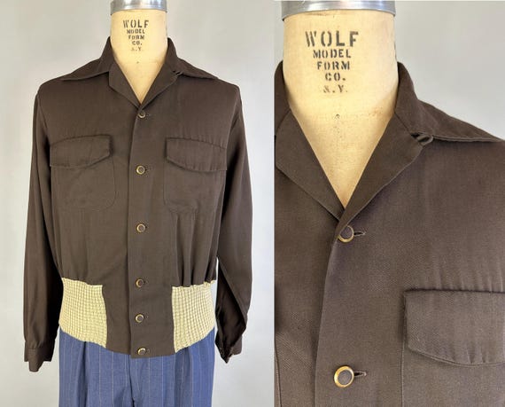 1940s Coffee & Cream Gaucho Shirt | Vintage 40s Espresso Brown and Cream Two-Tone Collared Long Sleeve Knit Waist Sportswear Shirt | Medium