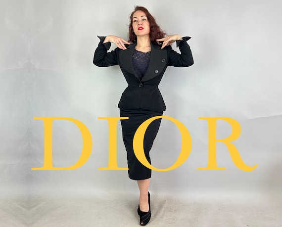 1950s Dovima's Divine "Dior" Suit | Vintage 50s New Look Black Wool Two Piece Silk Faille Lapel Jacket & Skirt w/Asymmetric Buttons | Small