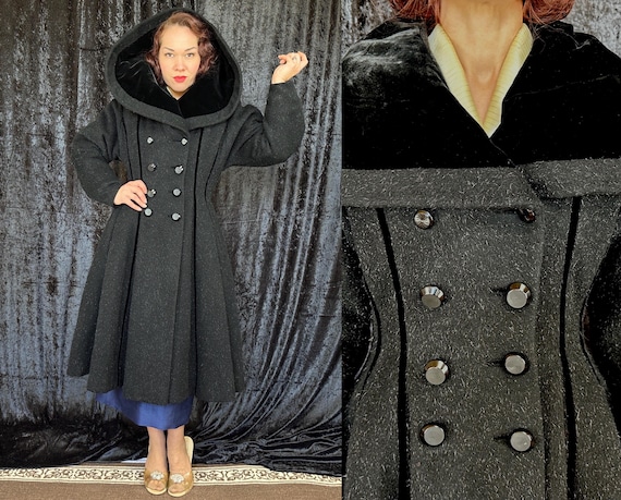 1950s Grand Dame Drama Coat | Vintage 50s "Lilli Ann" Black Silver Wool Mohair Velvet Stripe Convertible Collar Princess Overcoat | Small