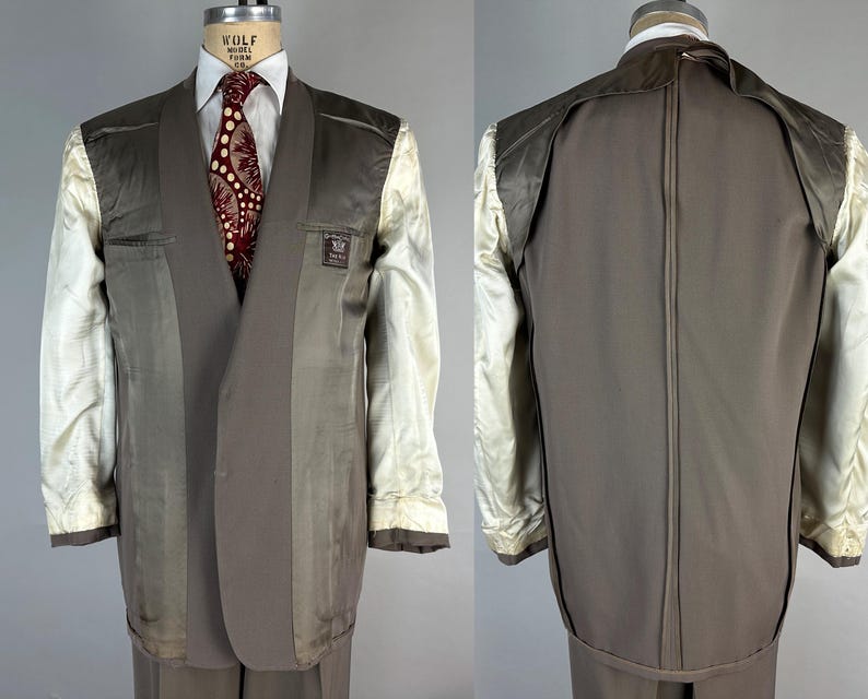 Pak van staal uit de jaren 50 | Vintage jaren 50 tweedelig grijs wollen jasje met enkele rij knopen en ingekeepte revers en Hollywood-taillebroeken | Maat 42 (groot) afbeelding 10
