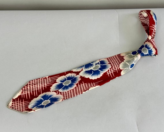 1930s Floral Fantasy Necktie | Vintage 30s Deadstock Red Blue White and Grey Flowers and Cross Hatch Silk Self Tie Cravat