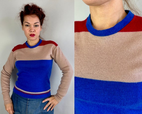 1930s Sporty Sally Sweater | Vintage 30s Color Block Mohair Wool Knit Jumper Red Pink and Blue Stripe Casual Pullover | Small Medium Large