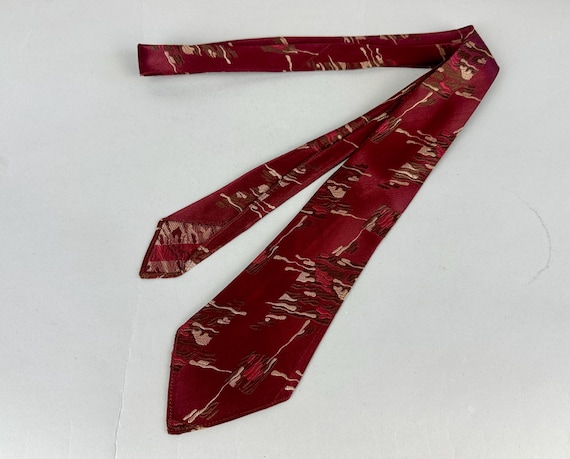 1930s Smoke Gets in Your Eyes Necktie | Vintage 30s Brick Red Silk Self Tie Cravat with Smokey Brocade Pattern in Brown and Ecru