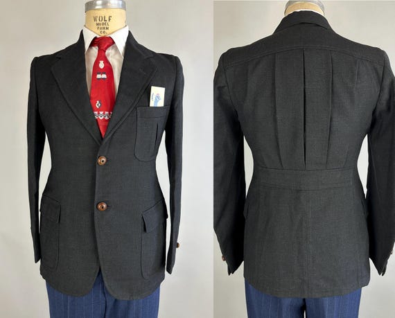 1930s Back in Black Belted Back Jacket | Vintage 30s Noir Wool Single Breasted Blazer with Mahogany Buttons and Pleats | Size 38 Medium