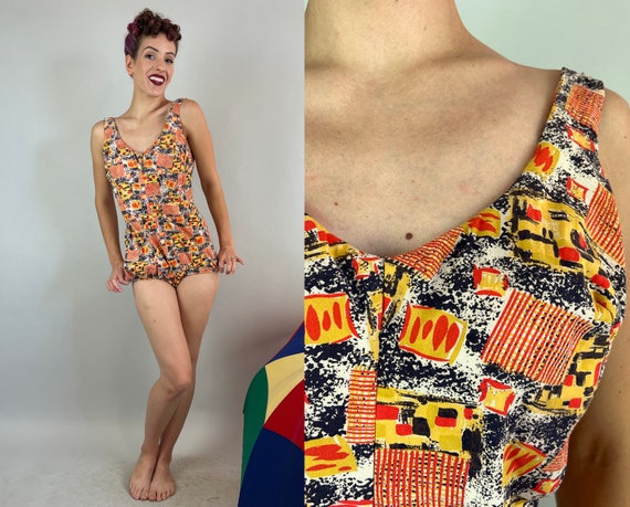 1950s Modernist Millie Bathing Suit | Vintage 50s Yellow Orange Black White Abstract Art Cotton Swimsuit with Plunging Low Back | Medium