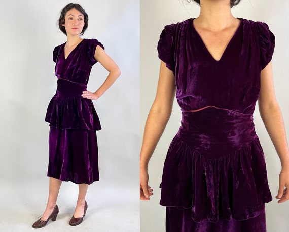 1940s Pretty Polly's Puff Sleeve Frock | Vintage 40s Plum Purple Rayon Velvet Cocktail Dress with Pointed Waist Peplum Belt | Small