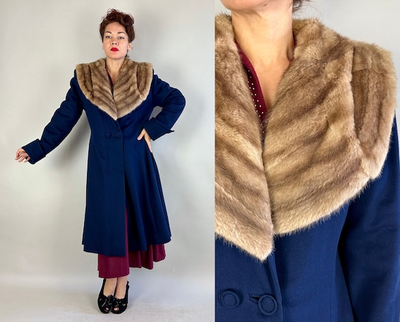 1940s The Touch of Mink Overcoat | Vintage 40s Blue Wool Coat Jacket with Full Shawl Blonde Fur Collar and Peaked Seams | Medium Large