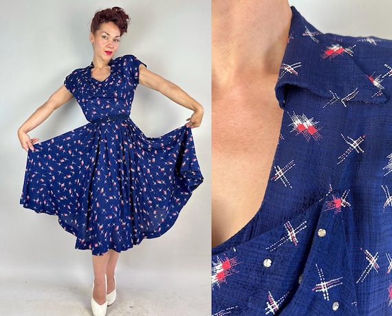 1940s Swinging On a Star Dress | Vintage 40s Blue Slubby Rayon Fit and Flare Frock w/White & Red Twinkle Print and Rhinestones | Small