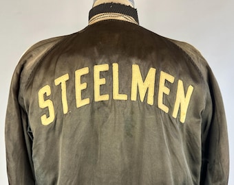 1940s STEELMEN Club Jacket | Vintage 40s Two-Tone Steel Grey and White Satin Workwear Coat with White Felt Lettering Spellout | Small/Medium