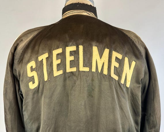 1940s STEELMEN Club Jacket | Vintage 40s Two-Tone Steel Grey and White Satin Workwear Coat with White Felt Lettering Spellout | Small/Medium