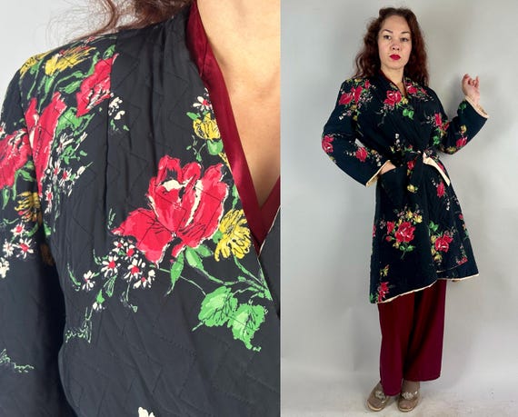 1940s Snoozing with "Sandora" Lounge Robe | Vintage 40s Black w/Red Yellow and White Floral Quilted Rayon Dressing Wrap | Small Medium Large