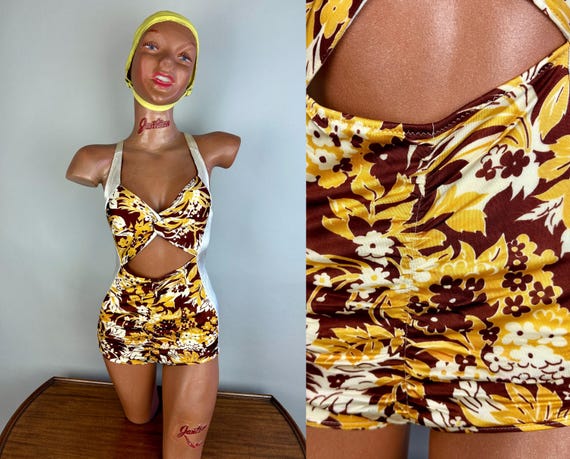 1940s Peek a Boo Bathing Suit | Vintage 40s White Satin w/Brown & Yellow Floral Rayon Jersey Midriff Cutout Swimsuit | Small Extra Small XS