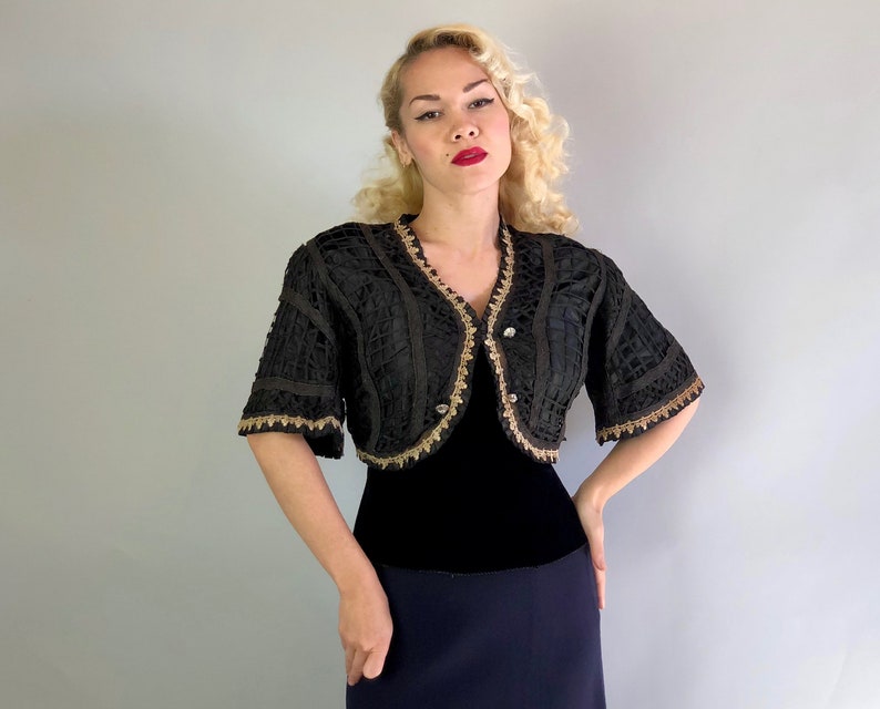 Small Vintage 1900s Jacket Victorian Black Silk Bolero Shrug wLarge Hole Net Outer Ecru Tulip Lace Trim and Elbow Length Bell Sleeves