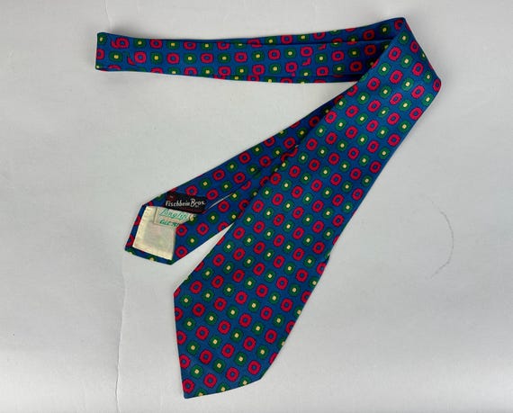 1940s Seeing Spots Necktie | Vintage 40s Optical Illusions Admiral Blue Silk Self Tie with Red Green and White Frames Spotted Pattern