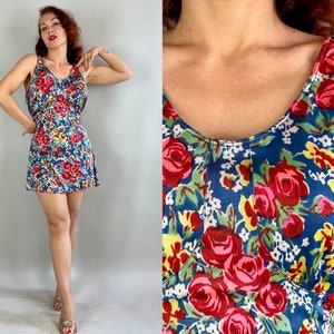1930s Betty's Bouquet Romper Vintage 30s Bright Blue Yellow Red Pink Green Floral Roses Rayon Jersey Playsuit Large Extra Large XL image 1