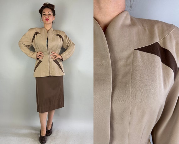 1940s Gal Friday Suit | Vintage 40s Classic Single Snap Beige and Brown Color Block Wool Gabardine Two Piece Jacket and Skirt Set | Small