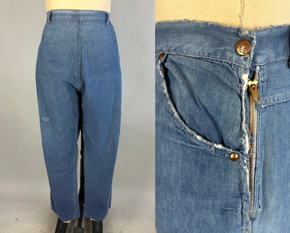 1950s From Duty to Dance Dungarees | Vintage 50s Faded Blue Denim Side Zip Jeans with Yellow Top Stitching by "Ranch Craft" | Extra Large XL