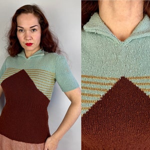 1950s Fascinating Flash Sweater | Vintage 50s Blue and Brown Wool Boucle Knit Shirt Top with Gold Lurex Striping | Small Medium Large