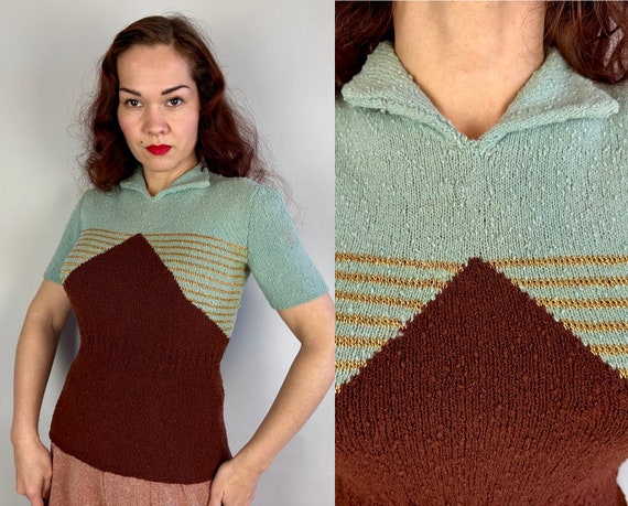 1950s Fascinating Flash Sweater | Vintage 50s Blue and Brown Wool Boucle Knit Shirt Top with Gold Lurex Striping | Small Medium Large