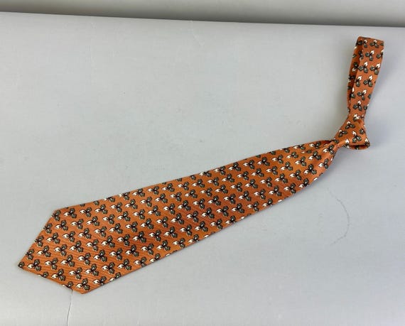 1940s Thrill 'Em With Trillium Tie | Vintage 40s Wide Orange Copper Silk Self Necktie Cravat with Tri-Petal Flowers in White and Green