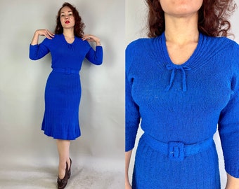 1940s Sea of Dreams Knit Dress | Vintage 40s Azure Blue Bouclé Wool Knit Frock w/Sailor Esque Neckline & Matching Belt | Small Medium Large