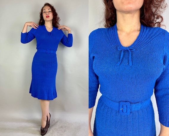 1940s Sea of Dreams Knit Dress | Vintage 40s Azure Blue Bouclé Wool Knit Frock w/Sailor Esque Neckline & Matching Belt | Small Medium Large