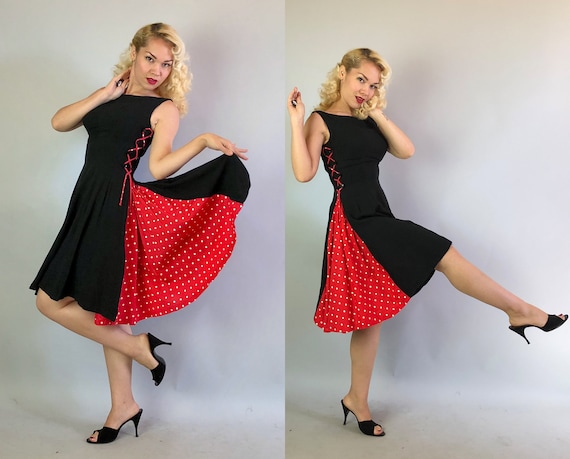 1950s Minnie's Marvelous Dress | Vintage 50s Black Cotton Dress with Red and White Polkadot Inset Panels and Corset Lacing | Extra Small XS