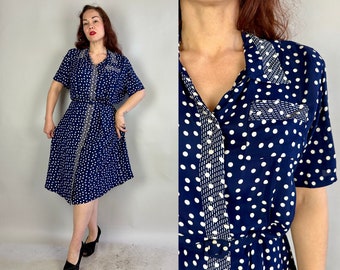 1940s Dotty’s Darling Dress | Vintage 40s Classic Blue and White Polka Dot Rayon Frock with Shoulder Pads and Matching Belt | Extra Large XL