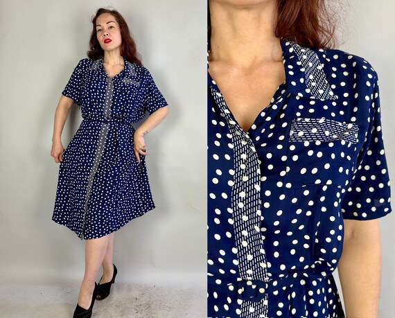 1940s Dotty’s Darling Dress | Vintage 40s Classic Blue and White Polka Dot Rayon Frock with Shoulder Pads and Matching Belt | Extra Large XL