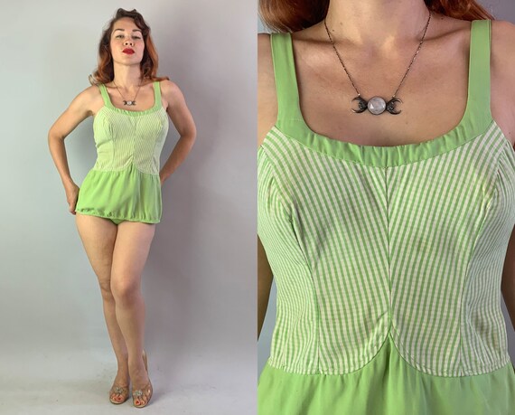 1950s Bombshell Betty Bathing Suit | Vintage 50s Apple Green and White Gingham Swimsuit Playsuit Romper w/ Padded Bullet Cups | Medium/Large