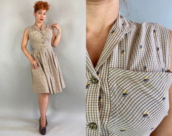 1950s Fruit Salad Picnic Dress | Vintage 50s Taupe Brown and Blue Gingham Cotton w/Embroidered Pineapples Shirtwaist Frock | Extra Small XS