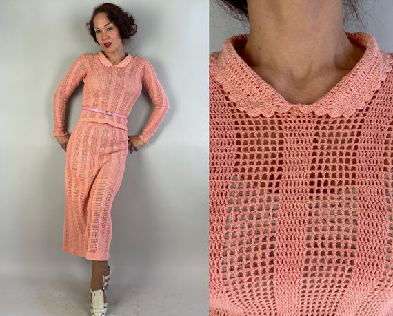 1930s Cotton Candy Crochet Dress Ensemble | Vintage 30s Pink Cotton Open Lacey See Through Stitch Blouse and Skirt Set | Small