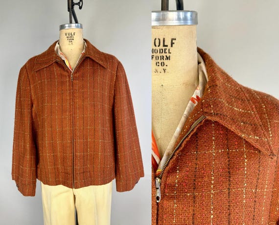 1950s Rockin’ the Pumpkin Patch Jacket | Vintage 50s Ricky Coat in Orange Wool Chartreuse Black & Cayenne Plaid Fleck Tweed | Extra Large XL