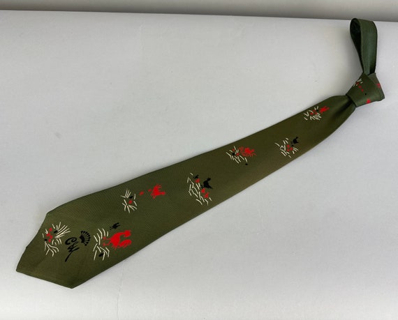 1940s Rooster in the Hen House Necktie | Vintage 40s Olive Green Silk Chicken and Eggs Cravat Self Tie by "Countess Mara" for "Bullocks"