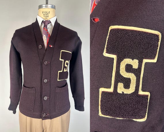 1940s Isaac's Impressive Collegiate Cardigan | 40s Two-Tone Plum Purple Wool Sportswear Team Knit Sweater w/ Letter Patch "I" | Medium