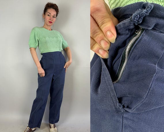1940s Don't Stop Dancing Denim Jeans | Vintage 40s Deep Slate Blue High Waisted Light Dungarees with Side Zipper and Pocket | Extra Large XL