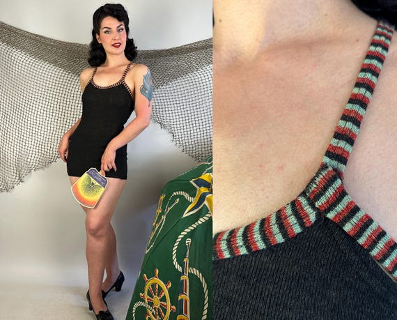 1930s Swimming Stripes Swimsuit | Vintage 30s Charcoal Grey Wool One Piece Bathing Suit w/Red and Blue Striped Straps | XS Small Medium