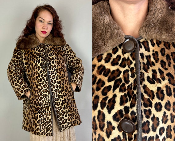 1950s Bad Kitty Coat | Vintage 50s Leopard Print Pony Hair Fur Swing Jacket with Large Contrasting Mouton Brown Collar | Medium Large