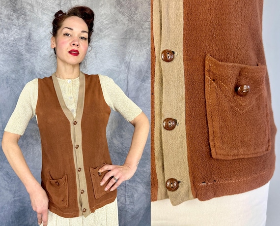 1930s Sporty Chic Vest | Vintage 30s Two Tone Tawny Brown and Taupe Wool Jersey Knit Button Up Waistcoat w/Pockets | Small Medium