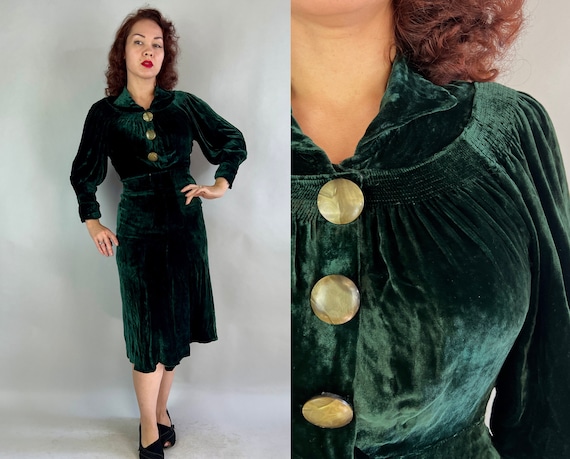 1930s Fascinating "FOGA" Dress | Vintage 30s Forest Green Silk Velvet Balloon Sleeve Cocktail Frock with Smocking and Giant Buttons | Medium